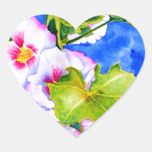 Eelgant roze waterverf bloemen Hollyhocks Hart Sticker