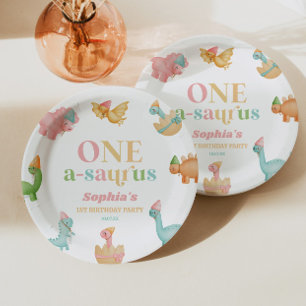 Eén A-Saurus Dinosaurus 1e Eerste Verjaardagsfeest Papieren Bordje