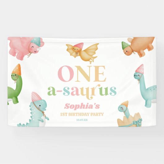 Een A-Saurus Dinosaurus 1e Verjaardagsfeest Spandoek (Horizontaal)