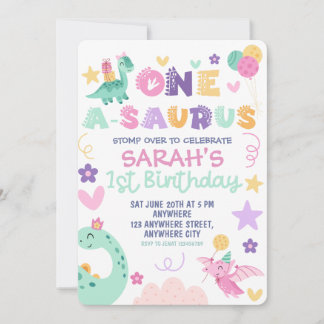 Eén A-Saurus dinosaurusmeisje 1e verjaardagsfeestj Kaart