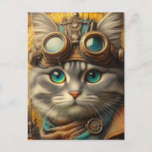 een aanbiddelijke stoompunk grijze kat briefkaart
