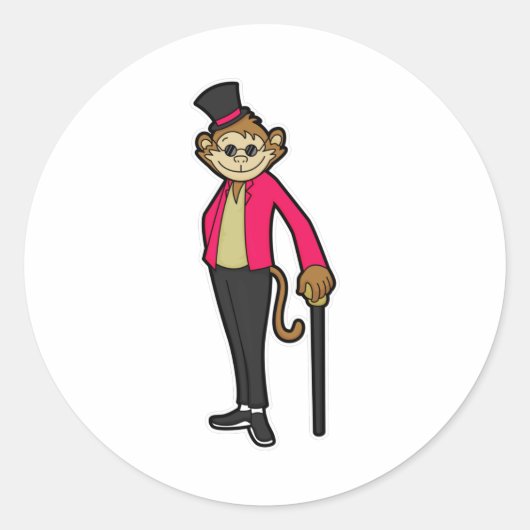 Een aap als herenman met Pet en wandelstok Ronde Sticker (Voorkant)