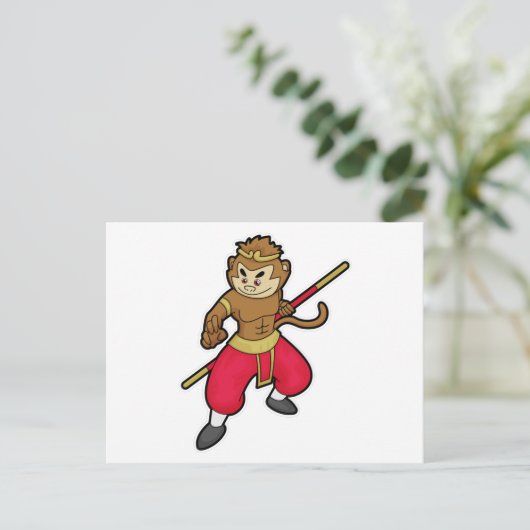 Een aap als Warrior met personeel en hoofdband Briefkaart (Staand voorkant)