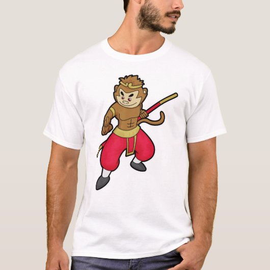 Een aap als Warrior met personeel en hoofdband T-shirt (Voorkant)