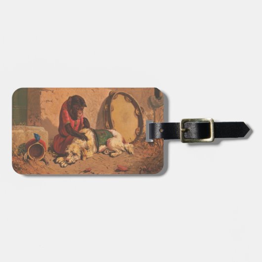 Een aap en een hond met een grote tamboerijn bagagelabel (Voorkant horizontaal)
