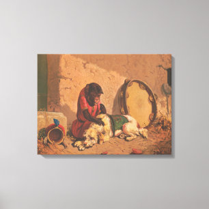 Een aap en een hond met een grote tamboerijn canvas afdruk