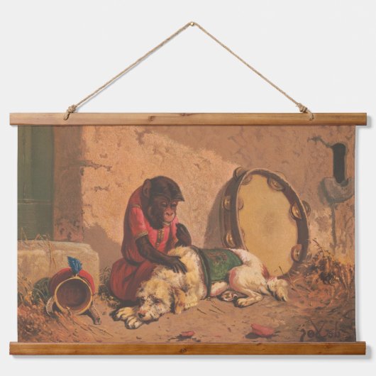 Een aap en een hond met een grote tamboerijn hangend wandkleed (Voorkant)