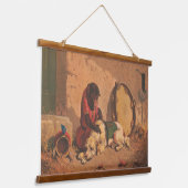 Een aap en een hond met een grote tamboerijn hangend wandkleed (Gebogen)