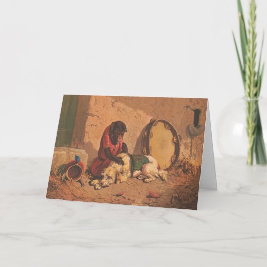 Een aap en een hond met een grote tamboerijn kaart (Voorkant)