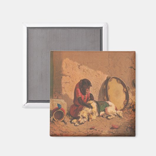 Een aap en een hond met een grote tamboerijn magneet (Voorkant / Achterkant)