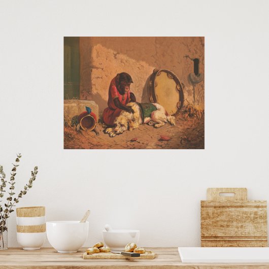 Een aap en een hond met een grote tamboerijn poster (Keuken)
