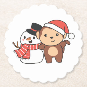 Een aap met Snowman in de winter voor Kerstmis Kartonnen Onderzetters