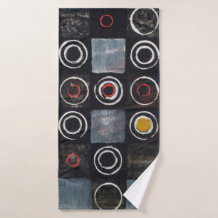 een abstract schilderij; een raster van gestempeld badhanddoek