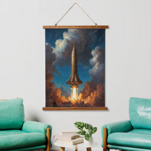 Een Ademloze Retro Fuserende Raketlancering Hangend Wandkleed