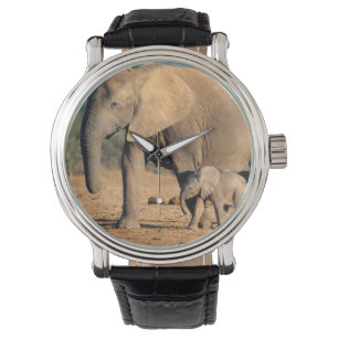 Een Afrikaanse olifant moeder en kalf op de been Horloge