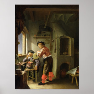 Een alchemist en zijn assistent in hun workshop poster