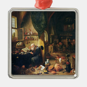 Een alchemist in zijn workshop metalen ornament