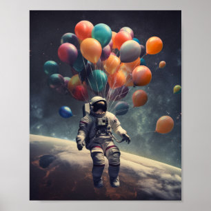 Een Astronaut die drijft in de lucht met ballonnen Poster