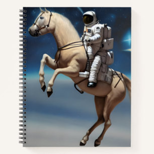 Een astronaut die op een paard rijdt in de ruimte notitieboek