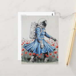 Een astronaut in een blauwe jurk die in klaprozen  briefkaart