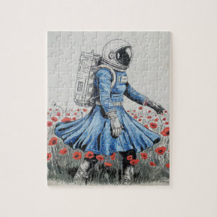 Een astronaut in een blauwe jurk die in klaprozen  legpuzzel