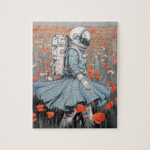Een astronaut in een blauwe jurk die in klaprozen legpuzzel