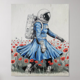 Een astronaut in een blauwe jurk die in klaprozen  poster