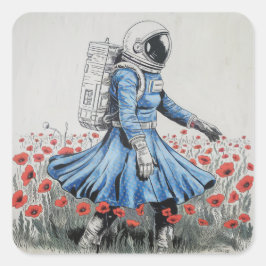 Een astronaut in een blauwe jurk die in klaprozen  vierkante sticker