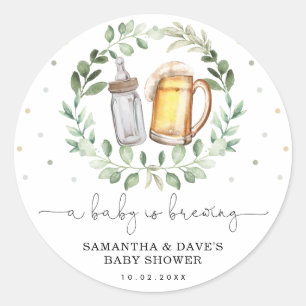 Een baby breekt   Baby shower Greenery Beer Ronde Sticker
