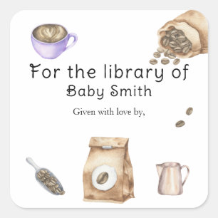Een baby brouwt koffie - voor de bibliotheek van vierkante sticker