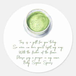 Een baby brouwt matcha - Gebedskaars label