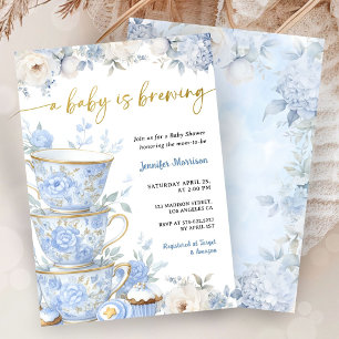 Een Baby Brouwt Thee Baby Shower Jongen Blauw Goud Kaart