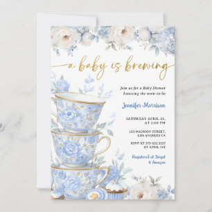 Een Baby Brouwt Thee Baby Shower Jongen Blauw Goud Kaart