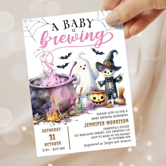 Een Baby is aan het brouwen! Meisje Roze Halloween Kaart