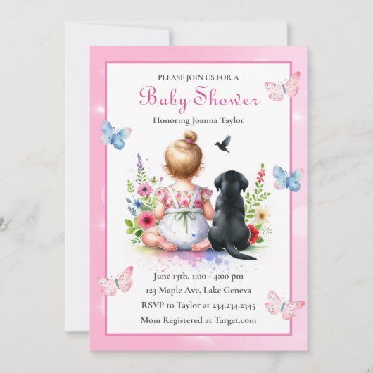 Een baby meisje en haar puppy Baby shower Kaart (Voorkant)