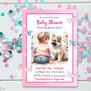 Een baby meisje en haar puppy roze Baby shower Kaart
