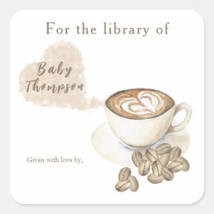 Een baby zet koffie - voor de bibliotheek van vierkante sticker