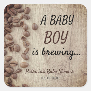 Een babyjongen brouwt houten koffie Baby shower Vierkante Sticker