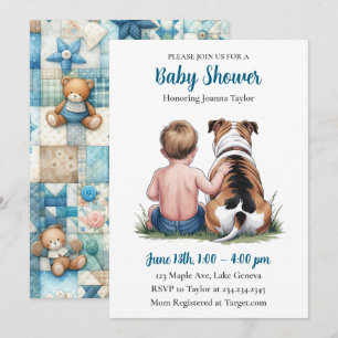 Een babyjongen en zijn Bulldog Blauwe babyfeestj Kaart