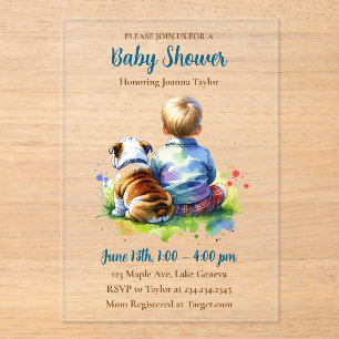 Een babyjongen en zijn Engelse Bulldog Baby Show Acryl Uitnodigingen