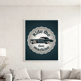 Een badge stijl grafiek met vintage auto binnen. poster