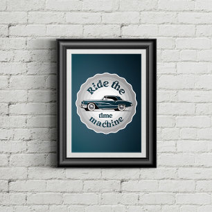 Een badge stijl grafiek met vintage auto binnen. poster