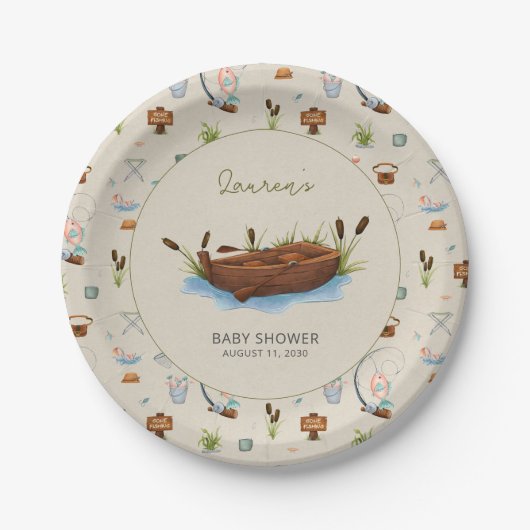 Een beetje Fisherman Waterverf Script Baby shower Papieren Bordje (Voorkant)