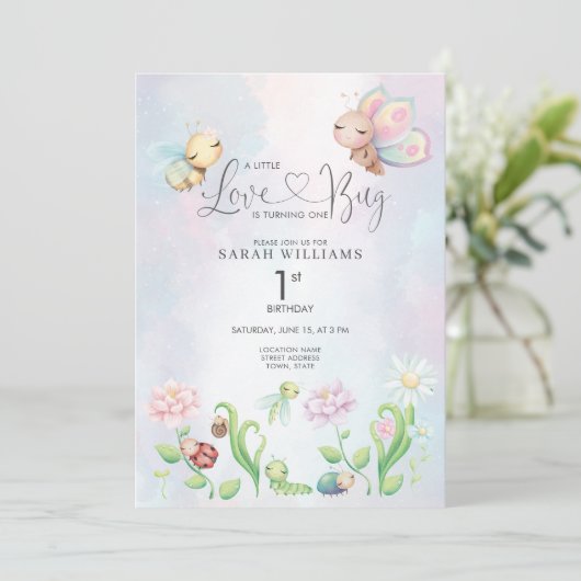 Een beetje Liefde Bug Waterverf Meisje 1e Verjaard Kaart (Staand voorkant)