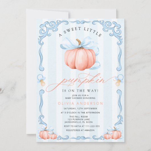 Een beetje pompoen Herfst Blue Bow Baby shower Kaart (Voorkant)
