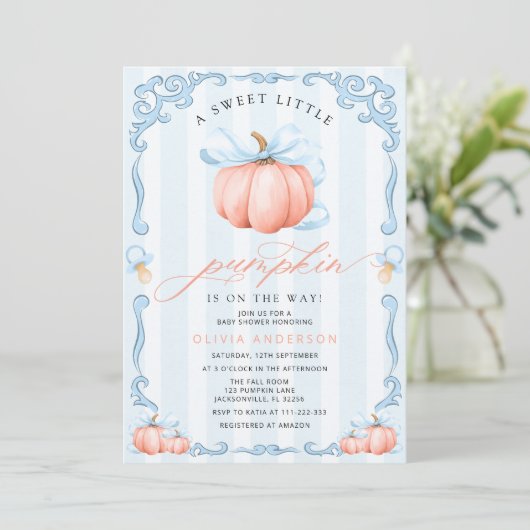 Een beetje pompoen Herfst Blue Bow Baby shower Kaart (Staand voorkant)
