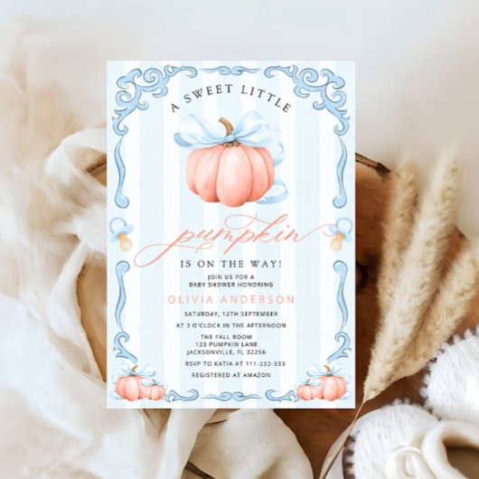 Een beetje pompoen Herfst Blue Bow Baby shower Kaart