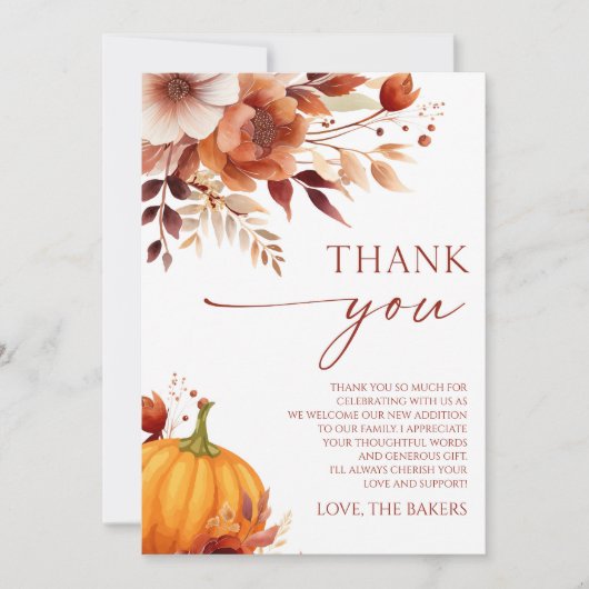 Een beetje pompoen Rusty Bourgogne Floral Baby sho Bedankkaart (Voorkant)