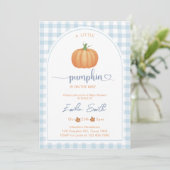 Een beetje Pumpkin Blue Gingham Herfst Baby shower Kaart (Staand voorkant)