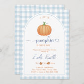 Een beetje Pumpkin Blue Gingham Herfst Baby shower Kaart (Voorkant / Achterkant)